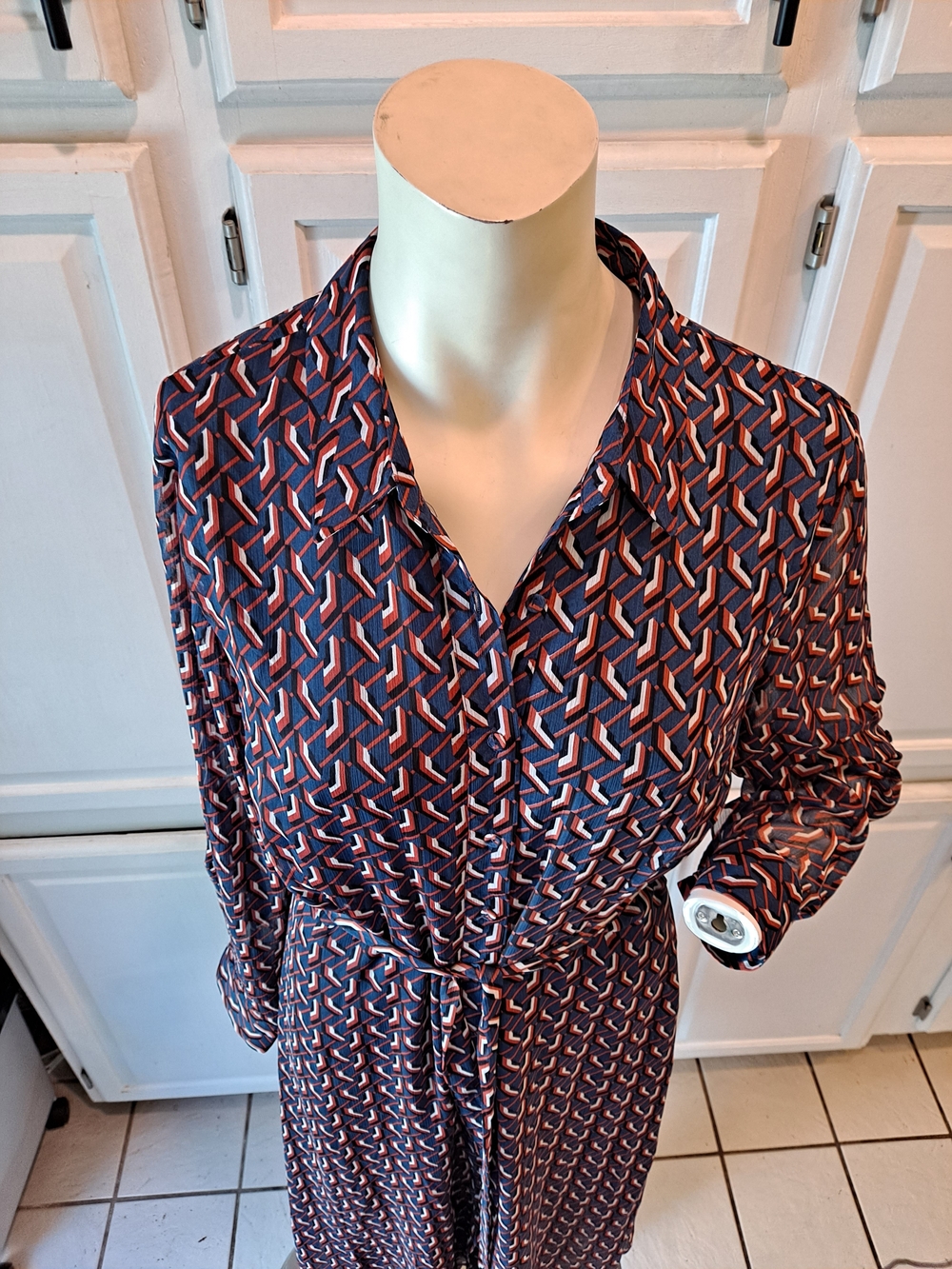 DR2 Navy Black White Orange Geometric Printed Midi Shirt Dress Tie Waist Lined - Picture 2 of 12